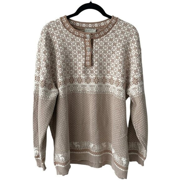Huntington Ridge Snowflake Pattern Crew Neck Pullover Casual Sweater Brown L - Picture 1 of 10